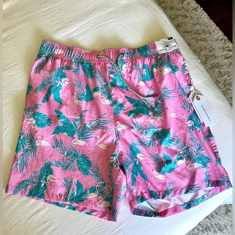 Vintage Summer XXL Flamingo Drawstring Swim Shorts
